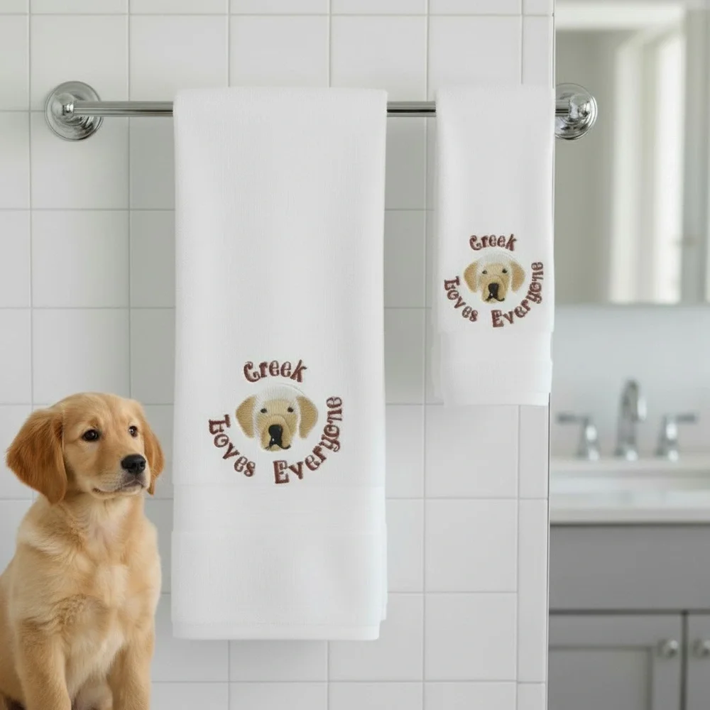 Personalized Embroidered Dog Hand and bath Towel set with your dog's name paws
